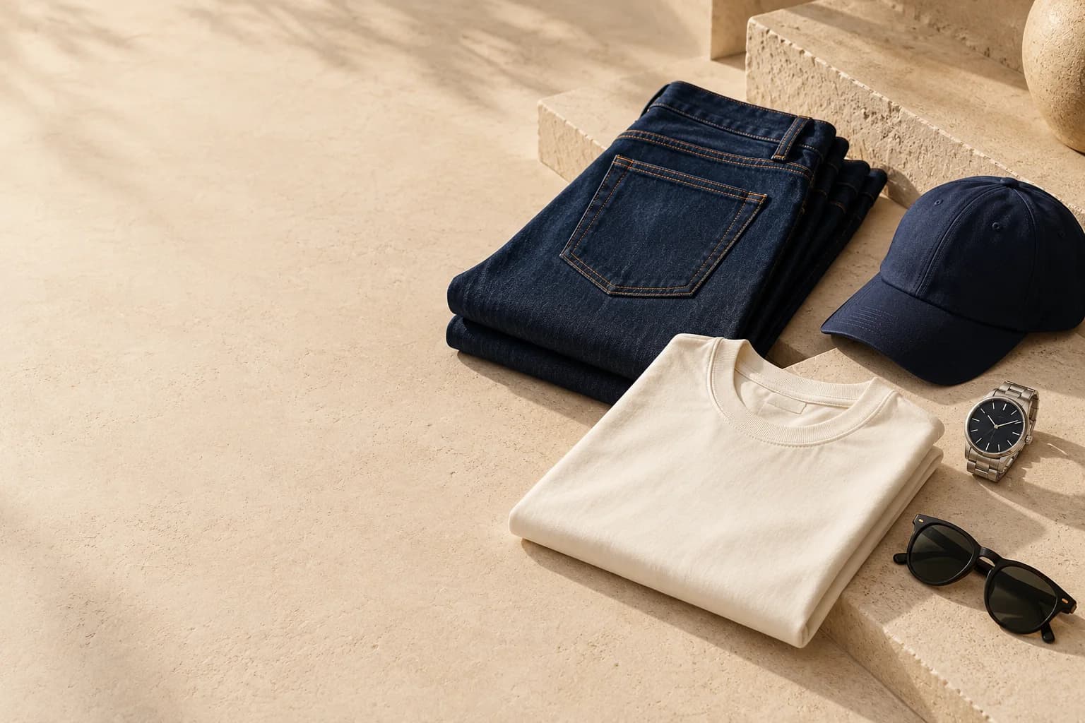 Product-only arrangement of indigo denim, an ivory T-shirt, navy cap, watch and sunglasses